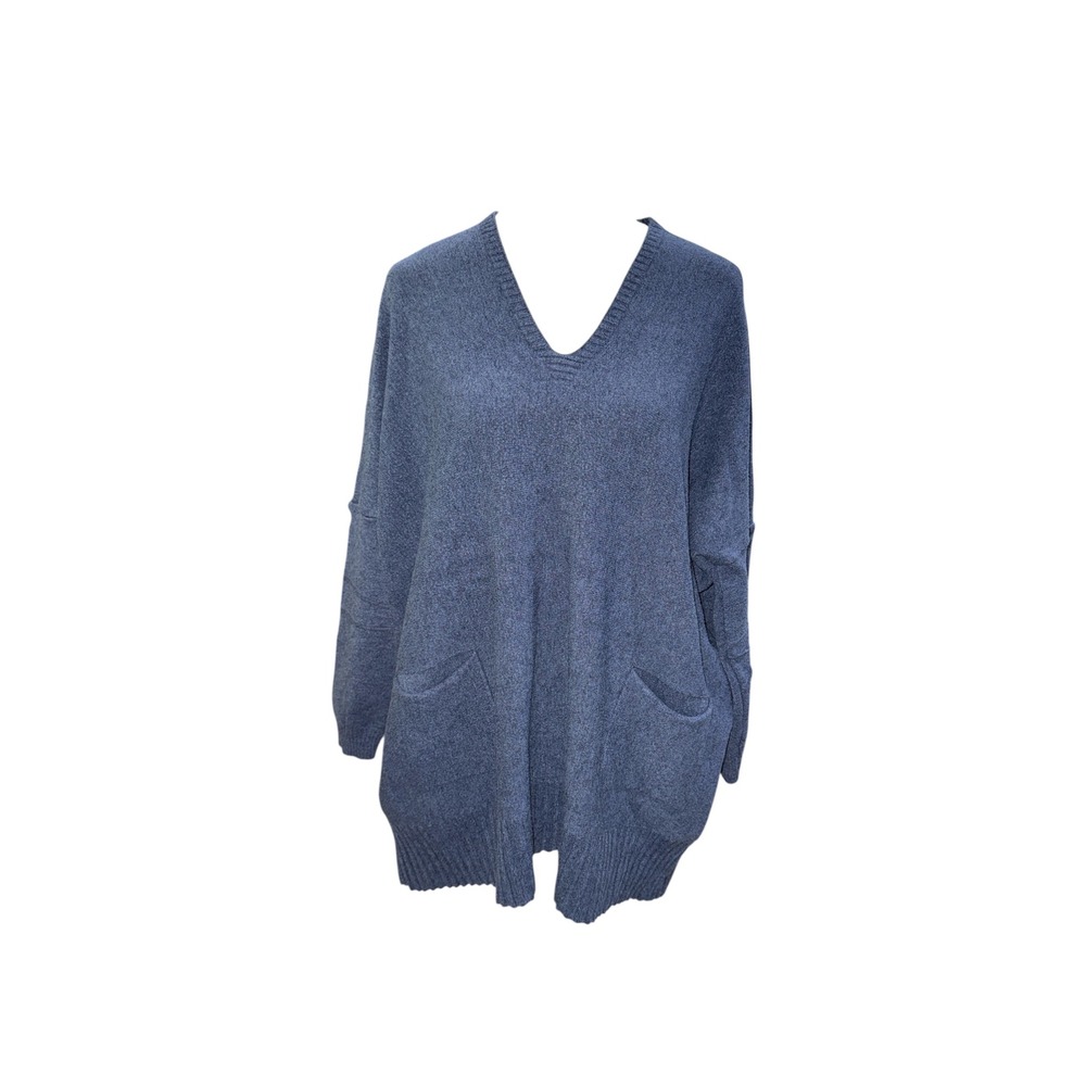 Suzy D London Womens Oversized V-Neck Knit Sweater Blue Marl Pockets S/M